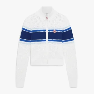 Blouson aviateur en maille rayée blanche et bleue