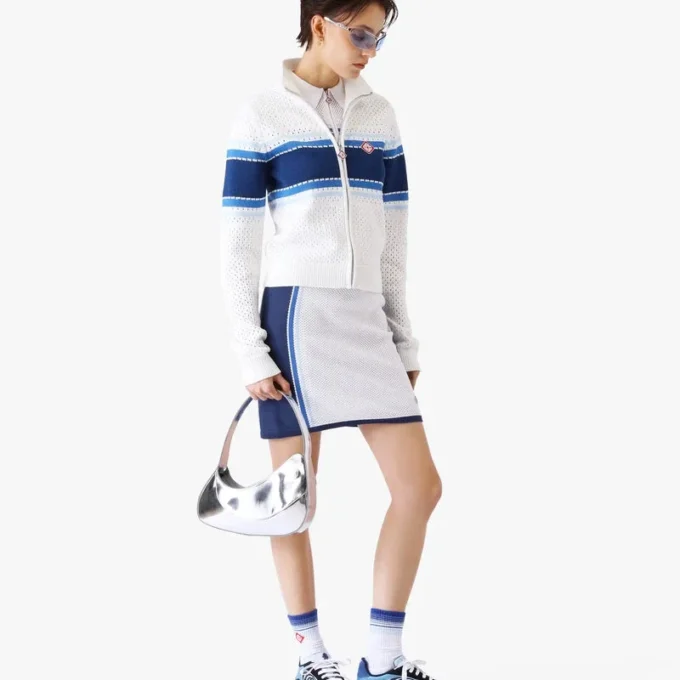 Blouson aviateur en maille rayée blanche et bleue