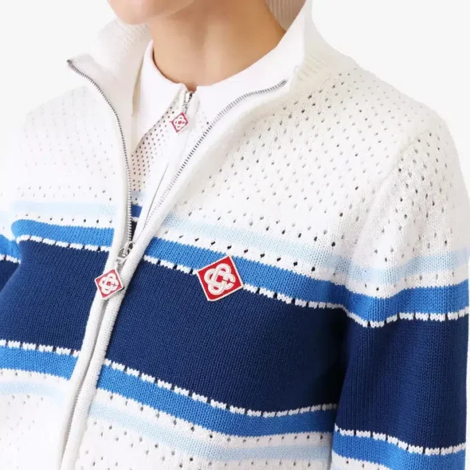 Blouson aviateur en maille rayée blanche et bleue