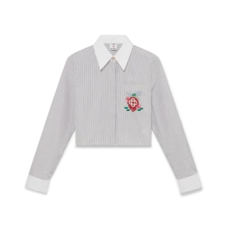 Chemise courte en coton à fines rayures brodées