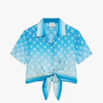 Chemise courte en soie nouée à motif monogramme dégradé bleu