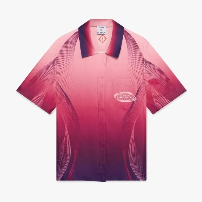 Chemise en soie à manches courtes et col cubain dégradé aubergine