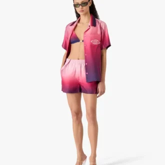 Chemise en soie à manches courtes et col cubain dégradé aubergine