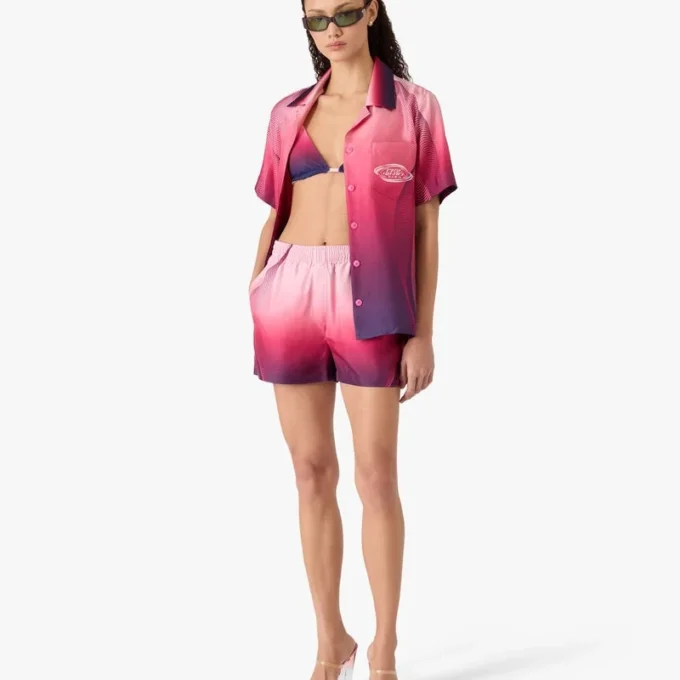 Chemise en soie à manches courtes et col cubain dégradé aubergine