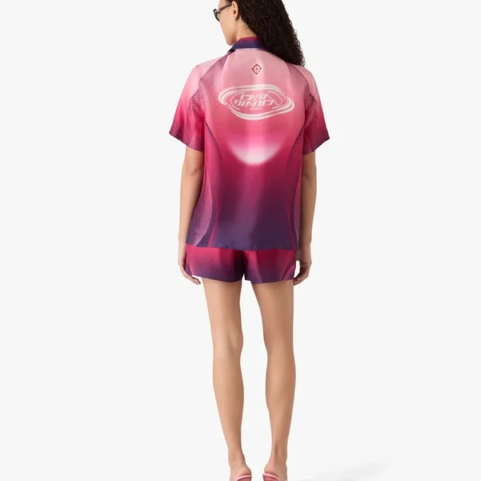 Chemise en soie à manches courtes et col cubain dégradé aubergine