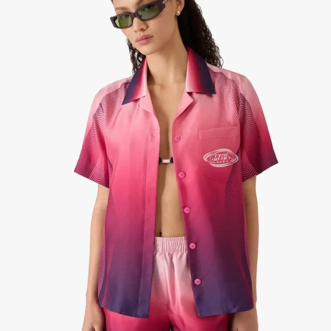 Chemise en soie à manches courtes et col cubain dégradé aubergine