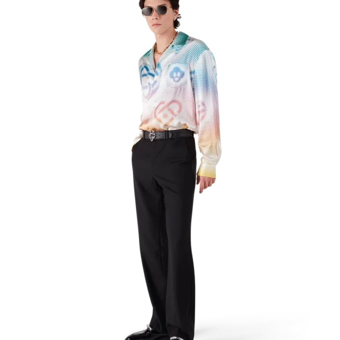 Chemise en soie à manches longues avec logo en demi-teintes Chemise en soie à manches longues avec logo en demi-teintes
