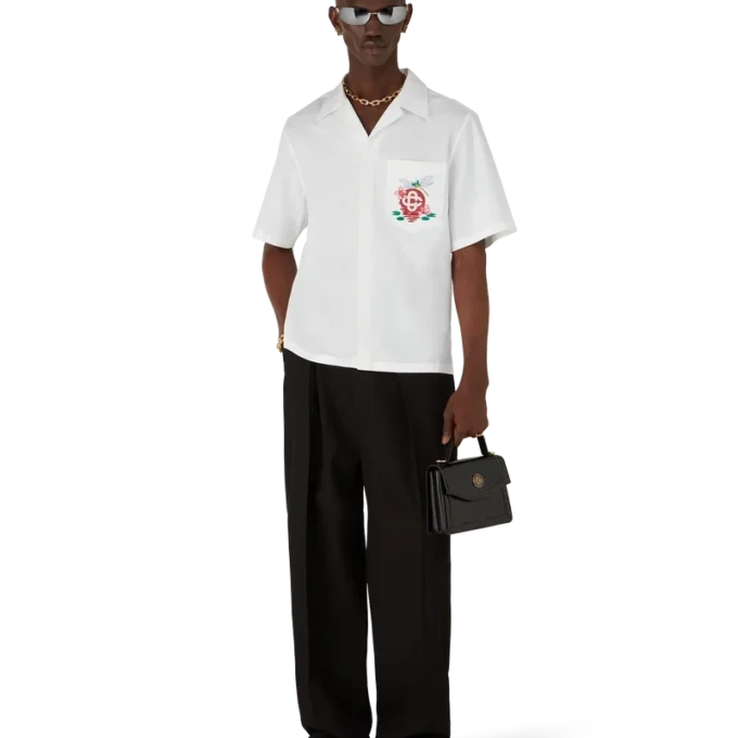 Chemise à manches courtes en popeline de coton brodée