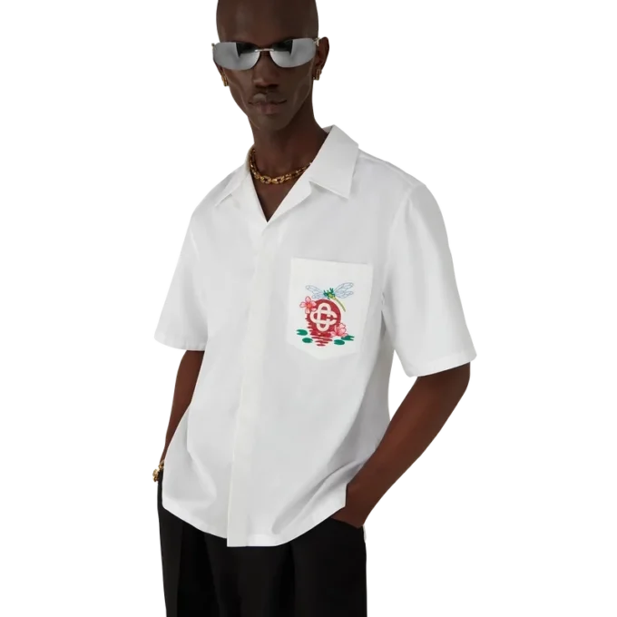 Chemise à manches courtes en popeline de coton brodée