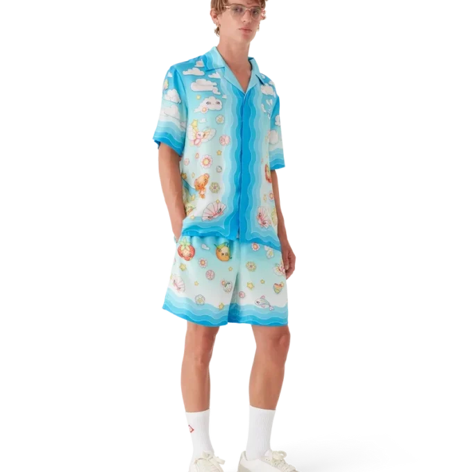 Chemise à manches courtes en twill de soie à motif kawaii