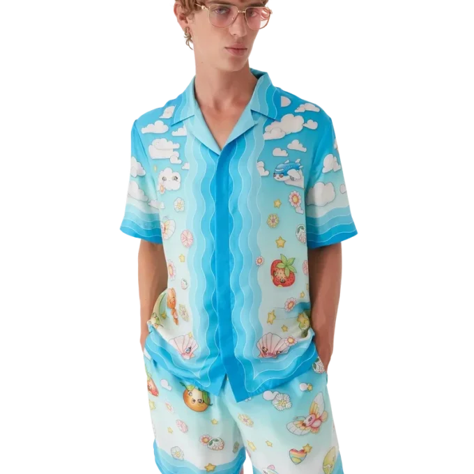 Chemise à manches courtes en twill de soie à motif kawaii