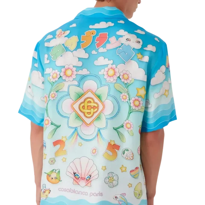 Chemise à manches courtes en twill de soie à motif kawaii