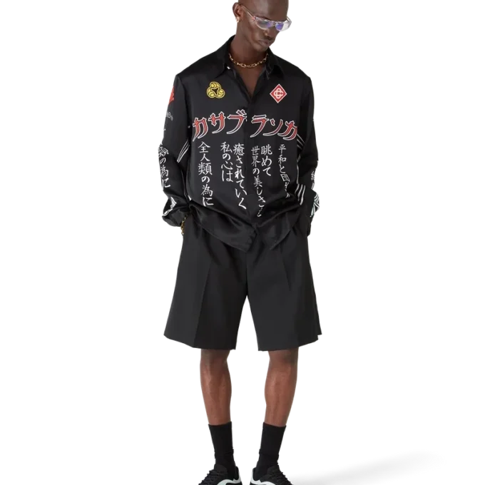 Chemise à manches longues en satin de soie Emblem