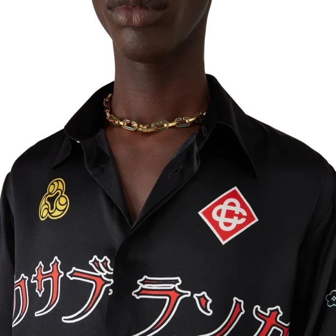 Chemise à manches longues en satin de soie Emblem