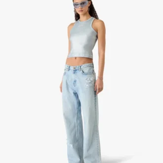 Jean en denim délavé clair avec motif graffiti