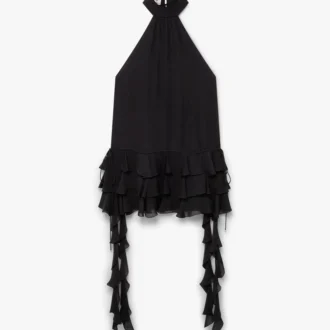 Mini-robe noire en georgette à double volant