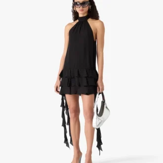 Mini-robe noire en georgette à double volant