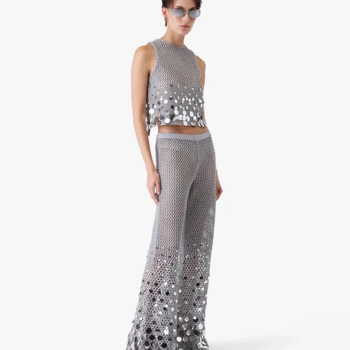 Pantalon en crochet miroir argenté