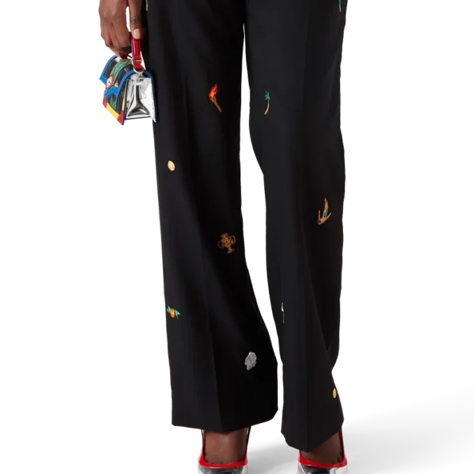 Pantalon sur mesure en laine à motif brodé