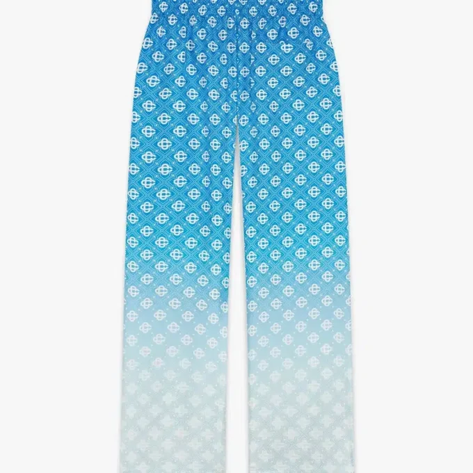 Pantalons en soie à motif Diamond Monogram en losanges dégradés bleus Pantalons en soie à motif Diamond Monogram en losanges dégradés bleus