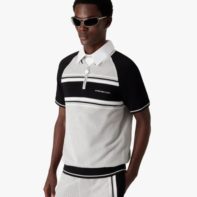 Polos à shorts zippés à rayures en maille métallique