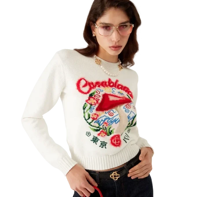 Pull en coton brodé avec motif champignon