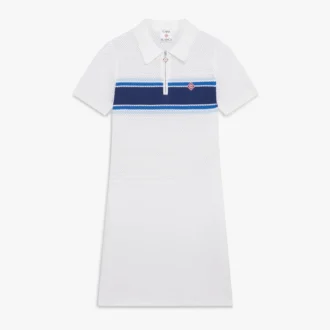 Robe mi-longue en maille rayée blanche et bleue