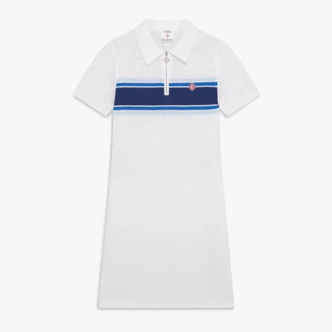 Robe mi-longue en maille rayée blanche et bleue Robe mi-longue en maille rayée blanche et bleue