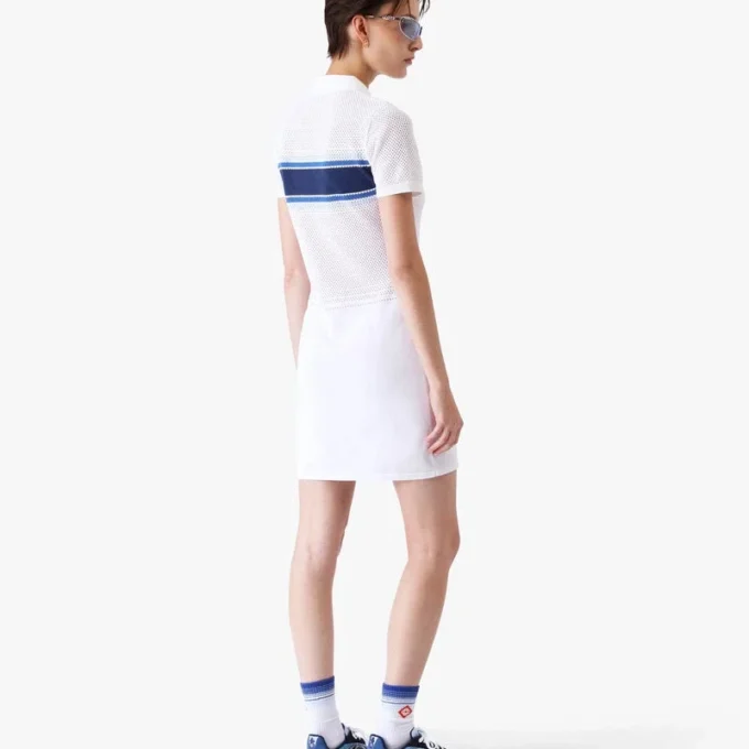 Robe mi-longue en maille rayée blanche et bleue Robe mi-longue en maille rayée blanche et bleue