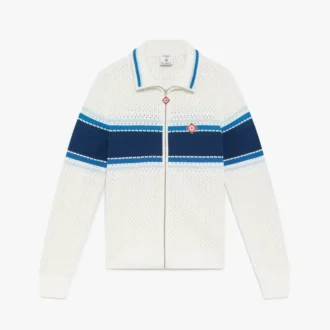 Veste de sport en maille rayée blanche et bleue